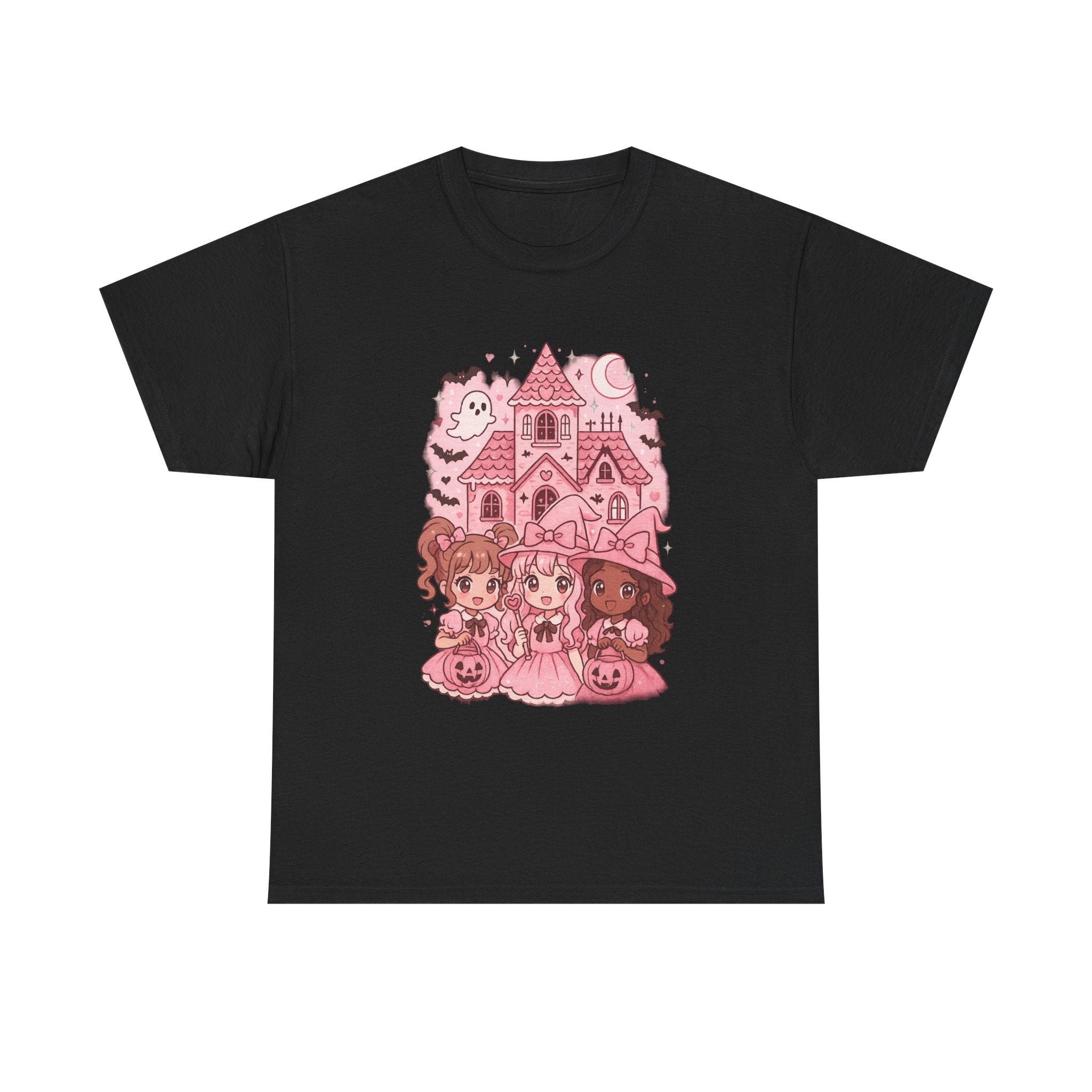 Anime Cartoon Cute Halloween Graphic Tee, Pink Haunted House Art, Unisex Cotton Shirt, Gift for Girls