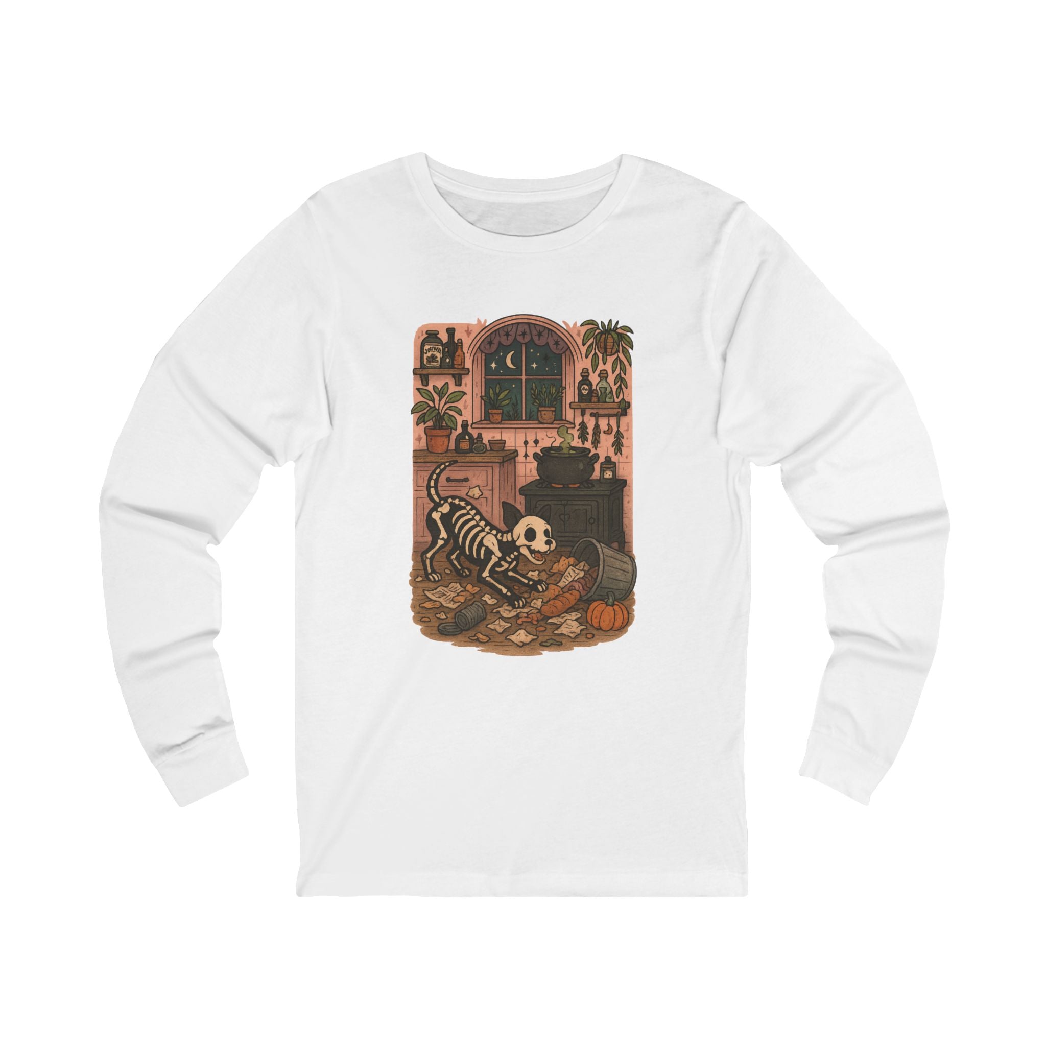 Cozy Halloween Skeleton Long Sleeve Tee, Fall Fashion, Unisex Shirt, Spooky Apparel, Dog Lover, Gift Idea