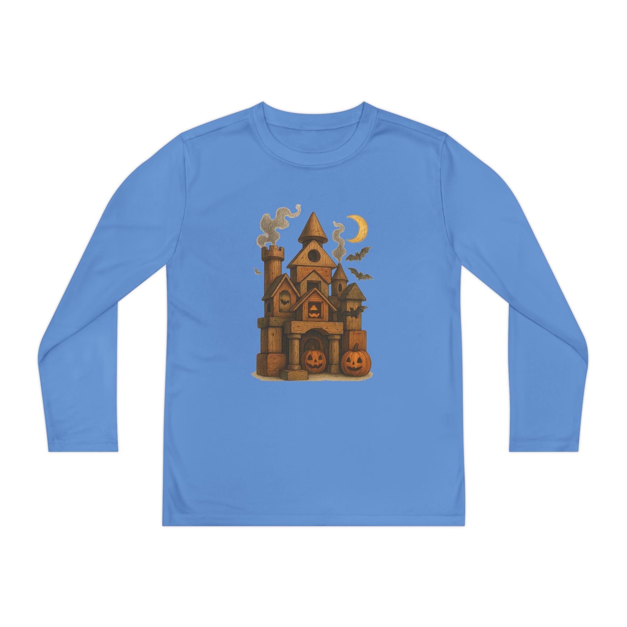 Youth Halloween Long Sleeve Tee Shirt, Spooky Wood Blocks Castle, Fall Apparel
