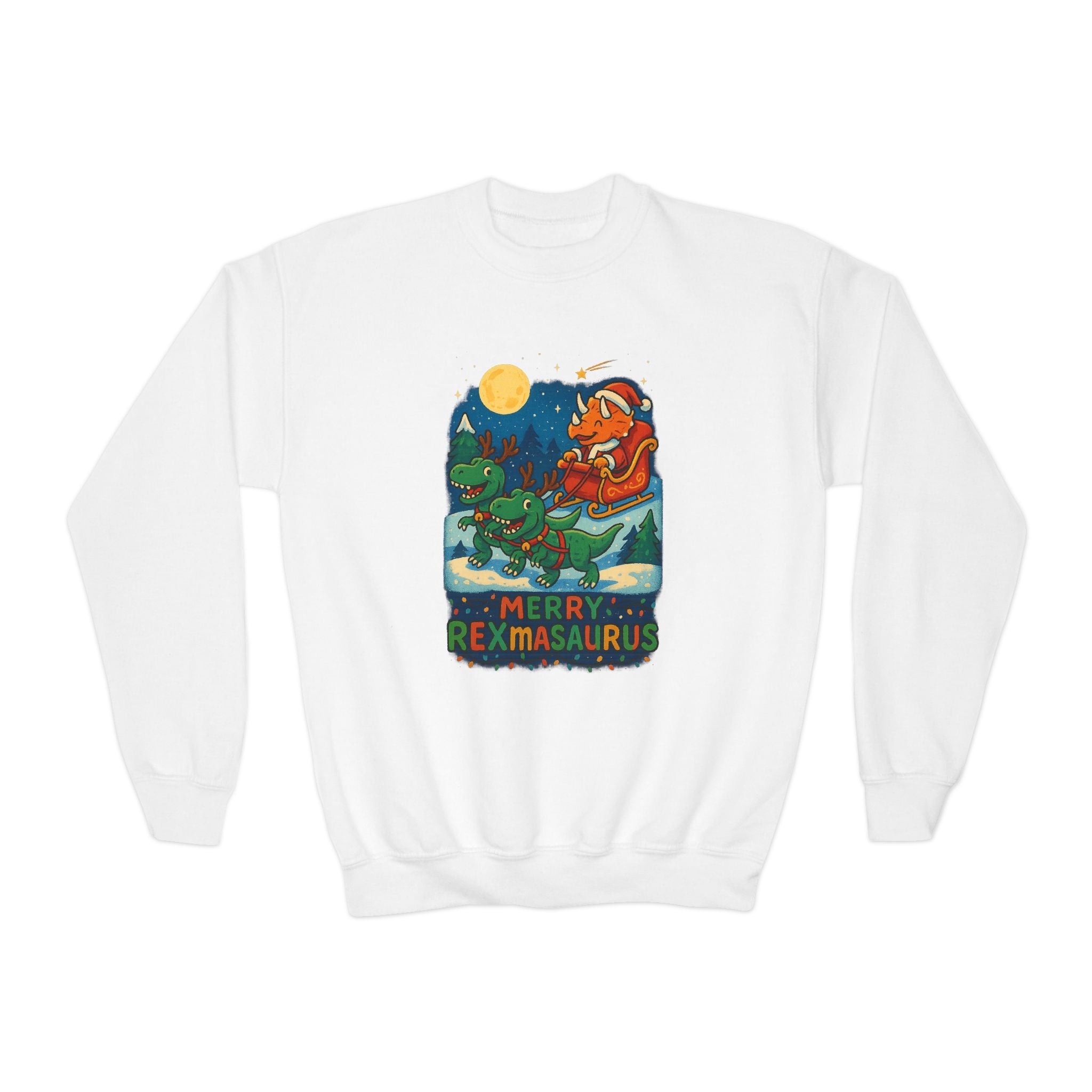 Merry Rexmasaurus Youth Dinosaur Christmas Sleigh Kids Sweatshirt
