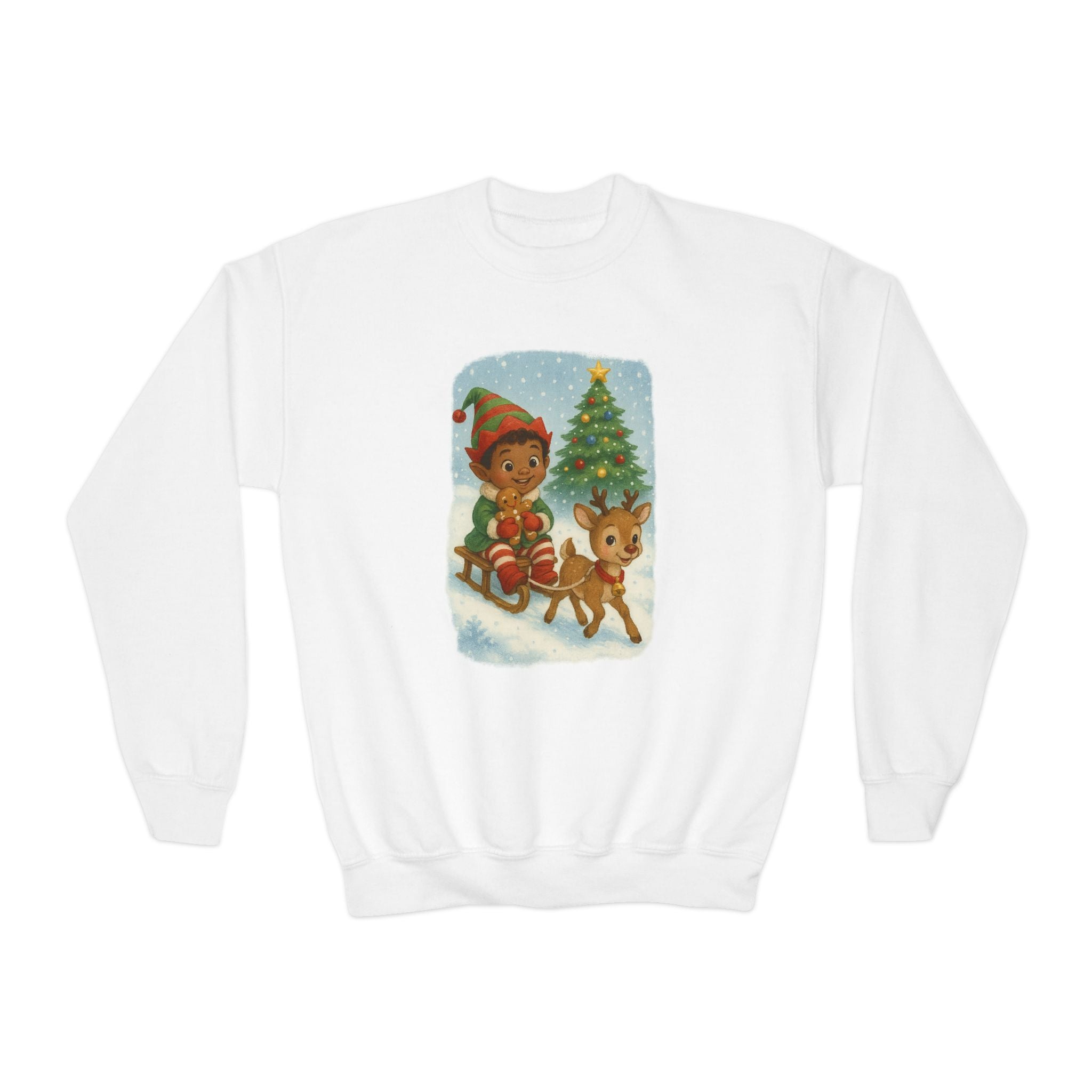 Christmas Elf Sledding Reindeer Kids Holiday Sweatshirt