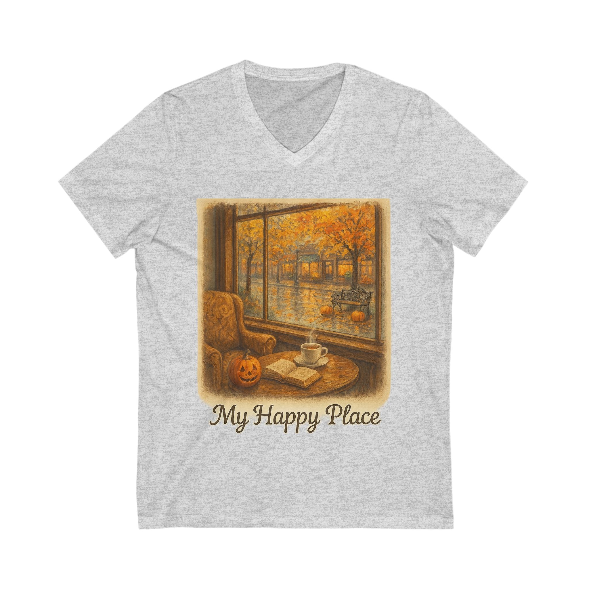 Autumn V-Neck Tee: My Happy Place, Cozy Fall Shirt, Pumpkin Spice Apparel, Perfect for Home Lovers, Book Lovers