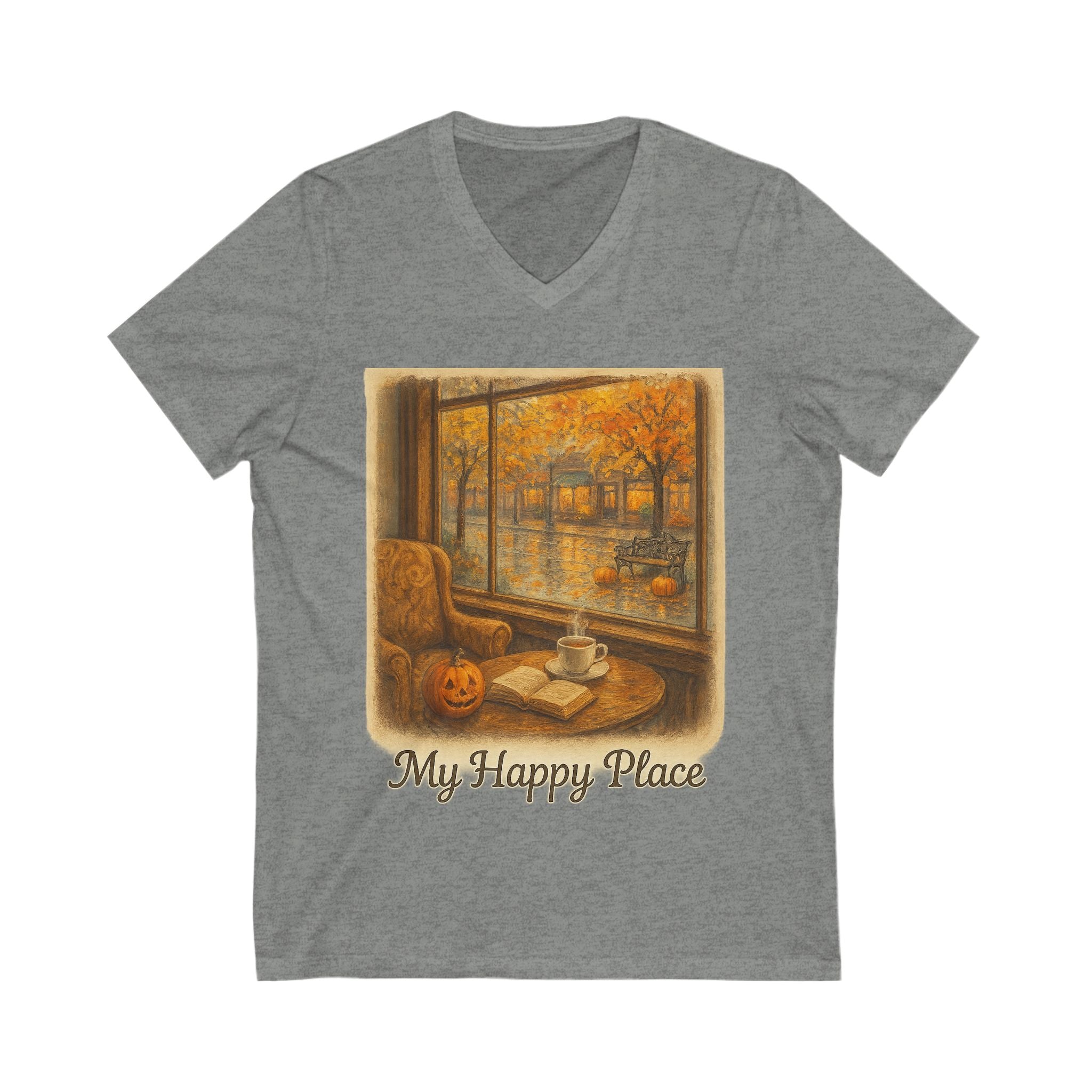 Autumn V-Neck Tee: My Happy Place, Cozy Fall Shirt, Pumpkin Spice Apparel, Perfect for Home Lovers, Book Lovers