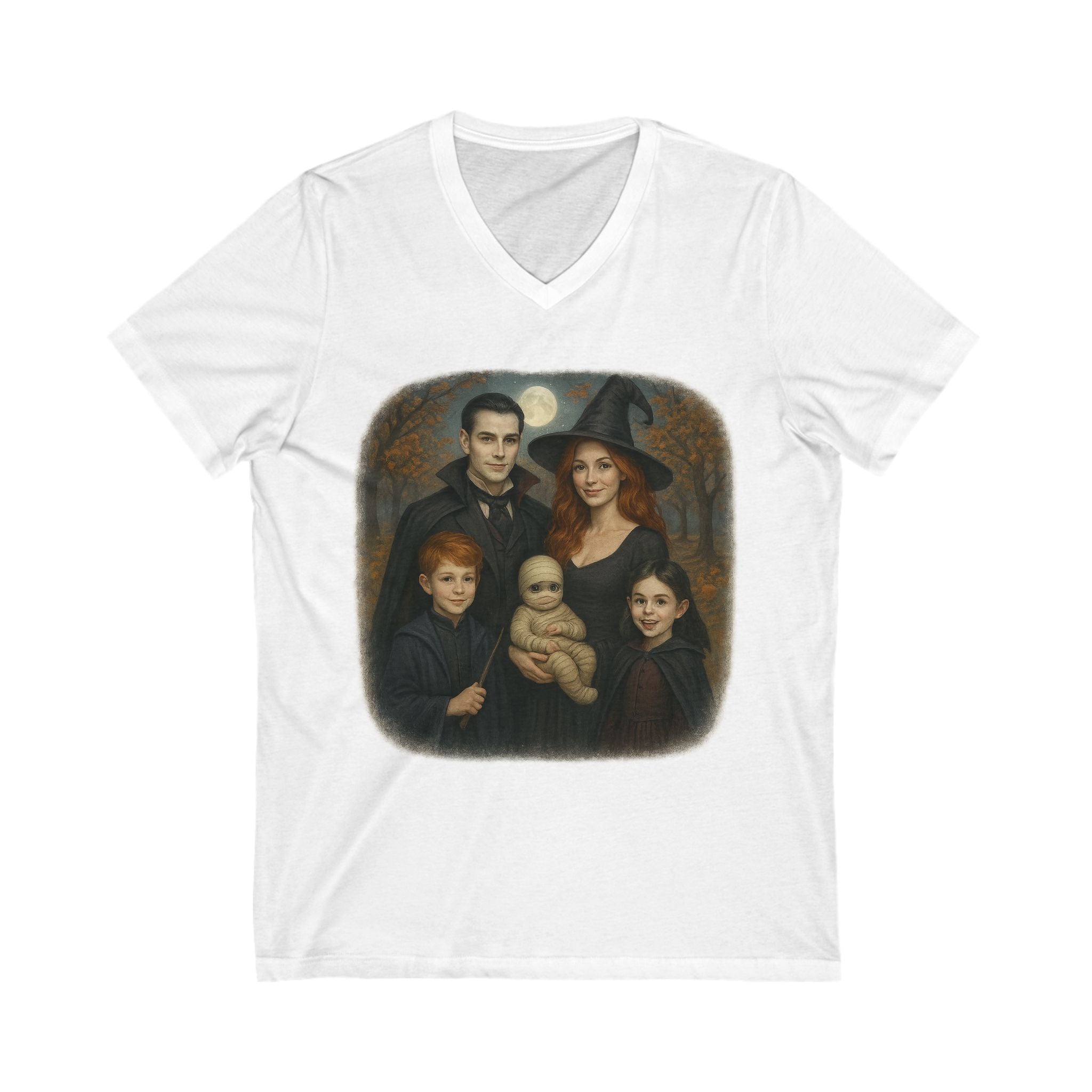 Halloween Characters Family Portrait V Neck T-Shirt Spooky Vibes Photoshoot