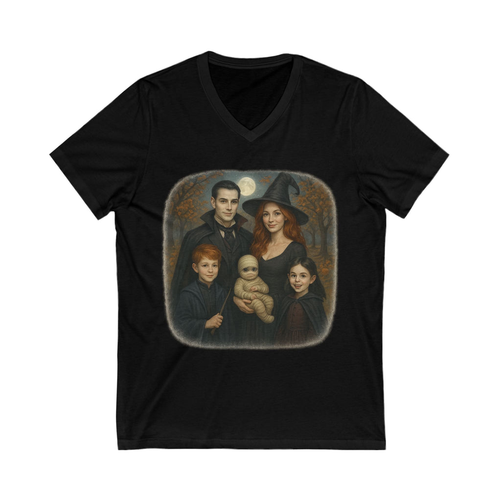 Halloween Characters Family Portrait V Neck T-Shirt Spooky Vibes Photoshoot