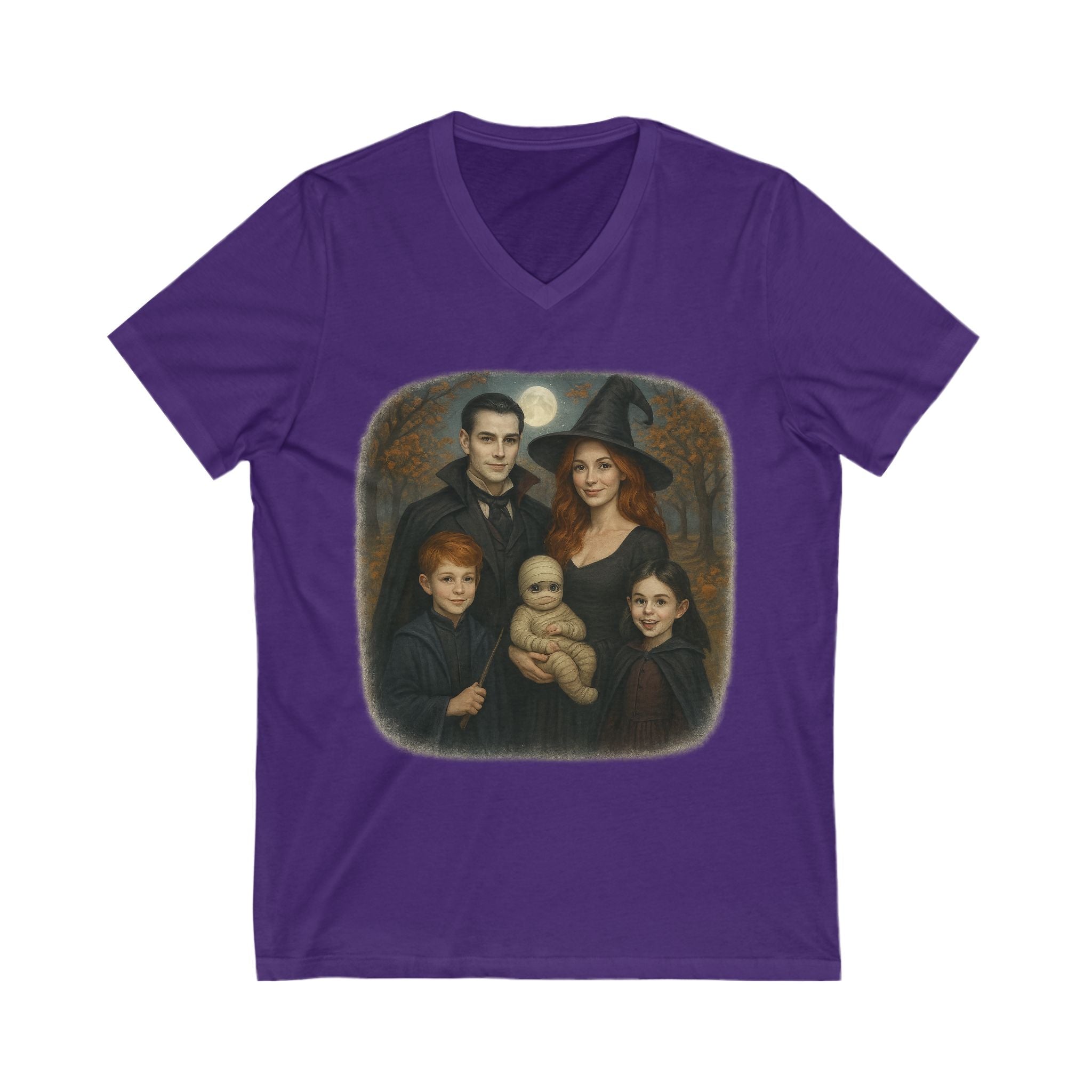 Halloween Characters Family Portrait V Neck T-Shirt Spooky Vibes Photoshoot