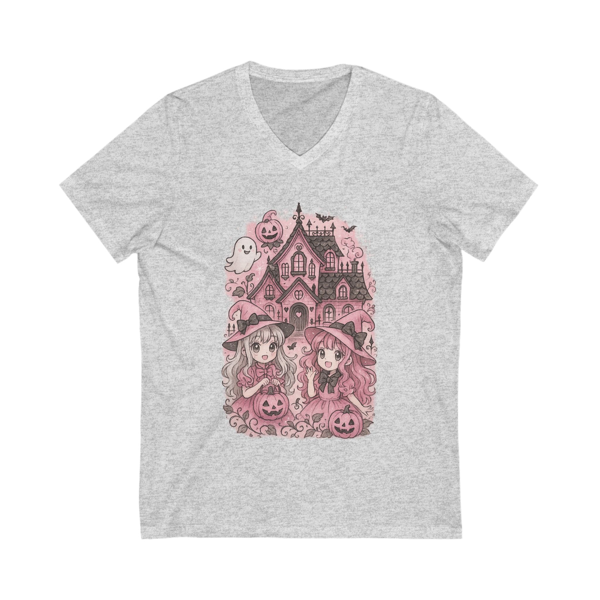 Anime Cartoon Whimsical Halloween V-Neck Tee, Cute Ghost & Witches Shirt, Spooky Season Top, Fall Fashion,
