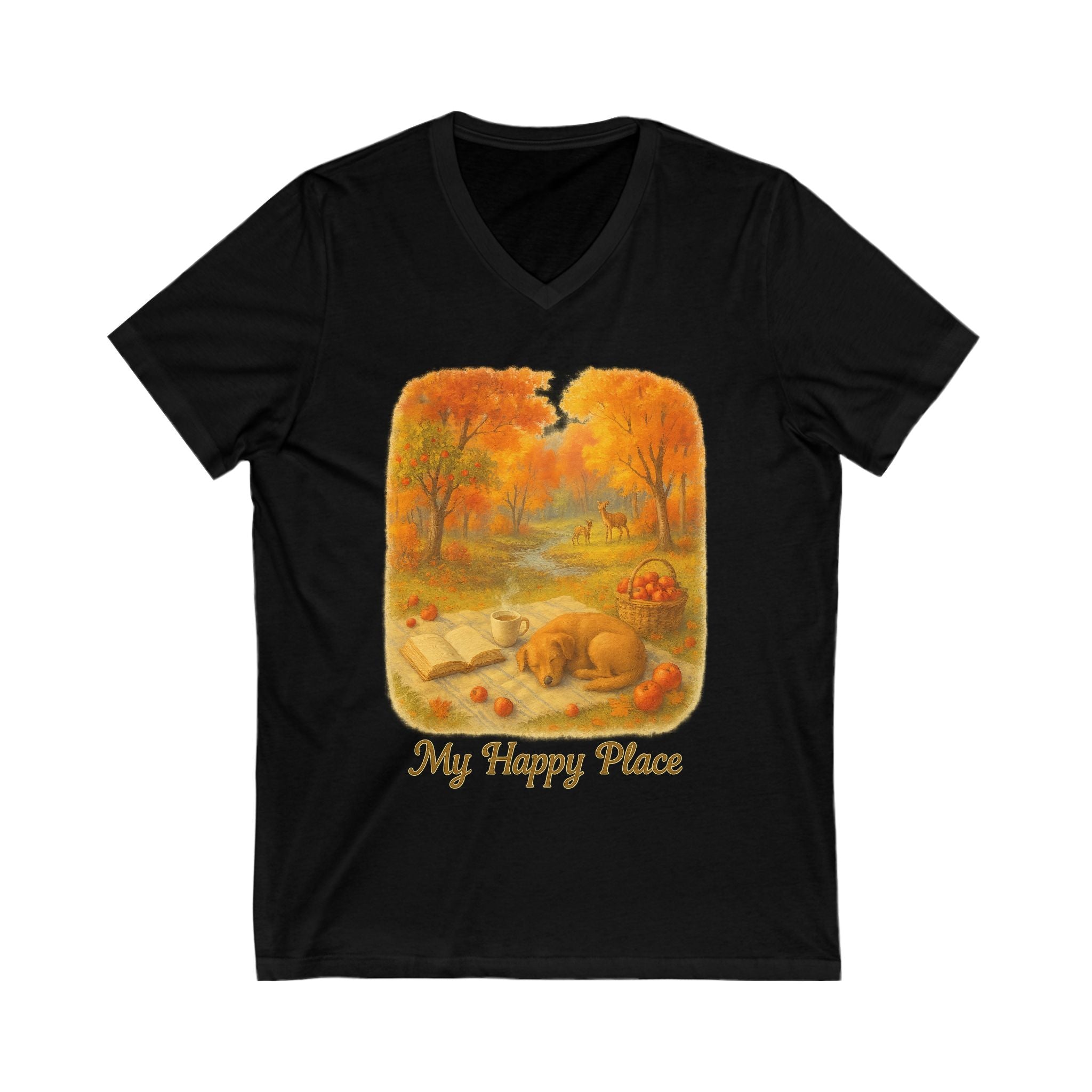 Autumn Vibes T-Shirt: My Happy Place V-Neck Tee, Book Lovers, Fall and Halloween
