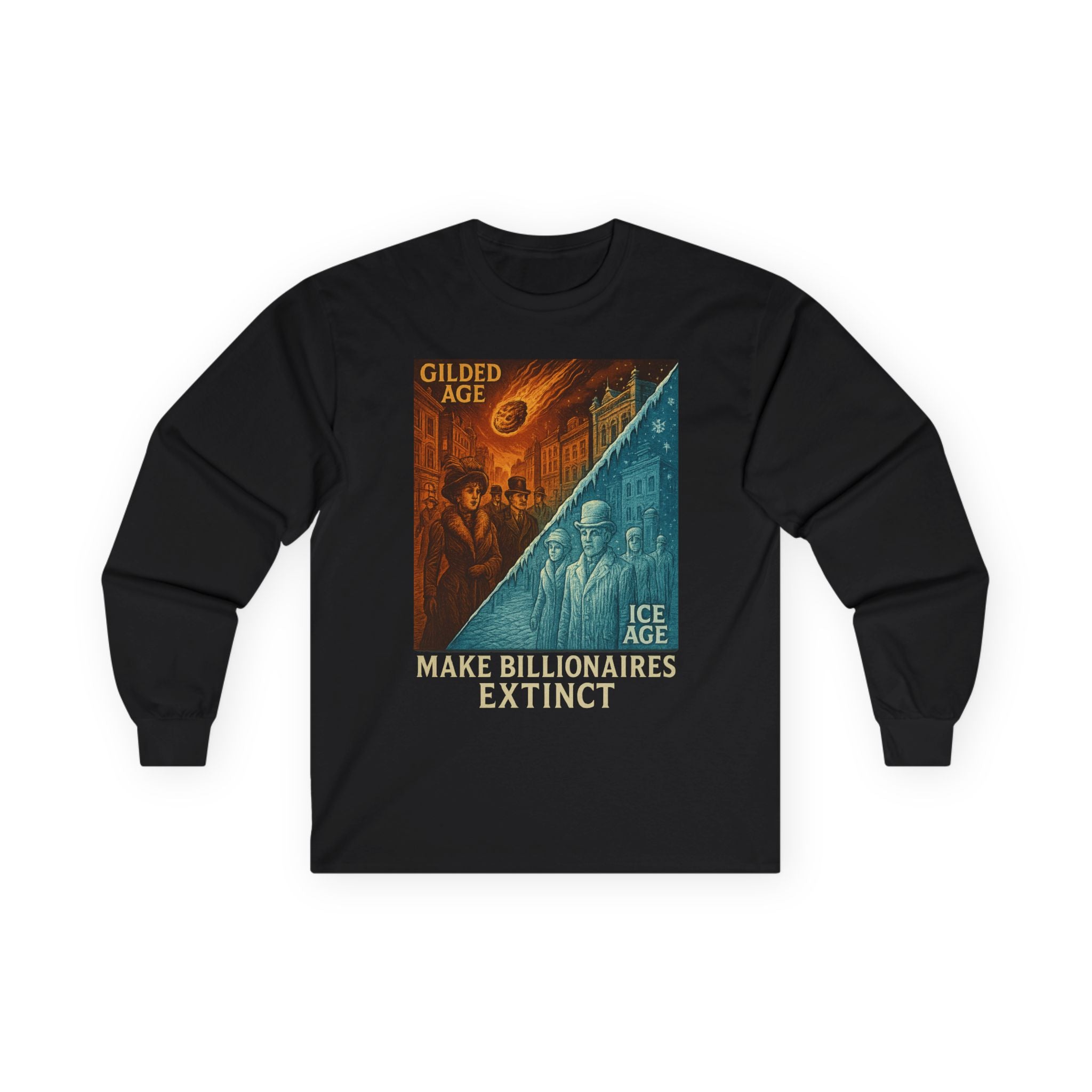 "Make Billionaires Extinct" Vintage Gilded Age vs Ice Age Eat the Rich Satire Long Sleeve Tee
