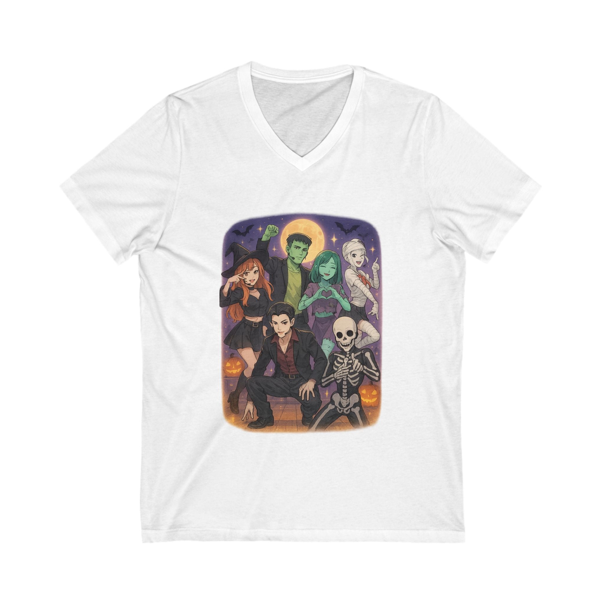 K Pop, Anime, Halloween-Themed Unisex V-Neck Tee | Spooky Season Shirt, Cute Halloween Top, Fall Fashion, Perfect for Parties, Trick-or-Treating, Demon