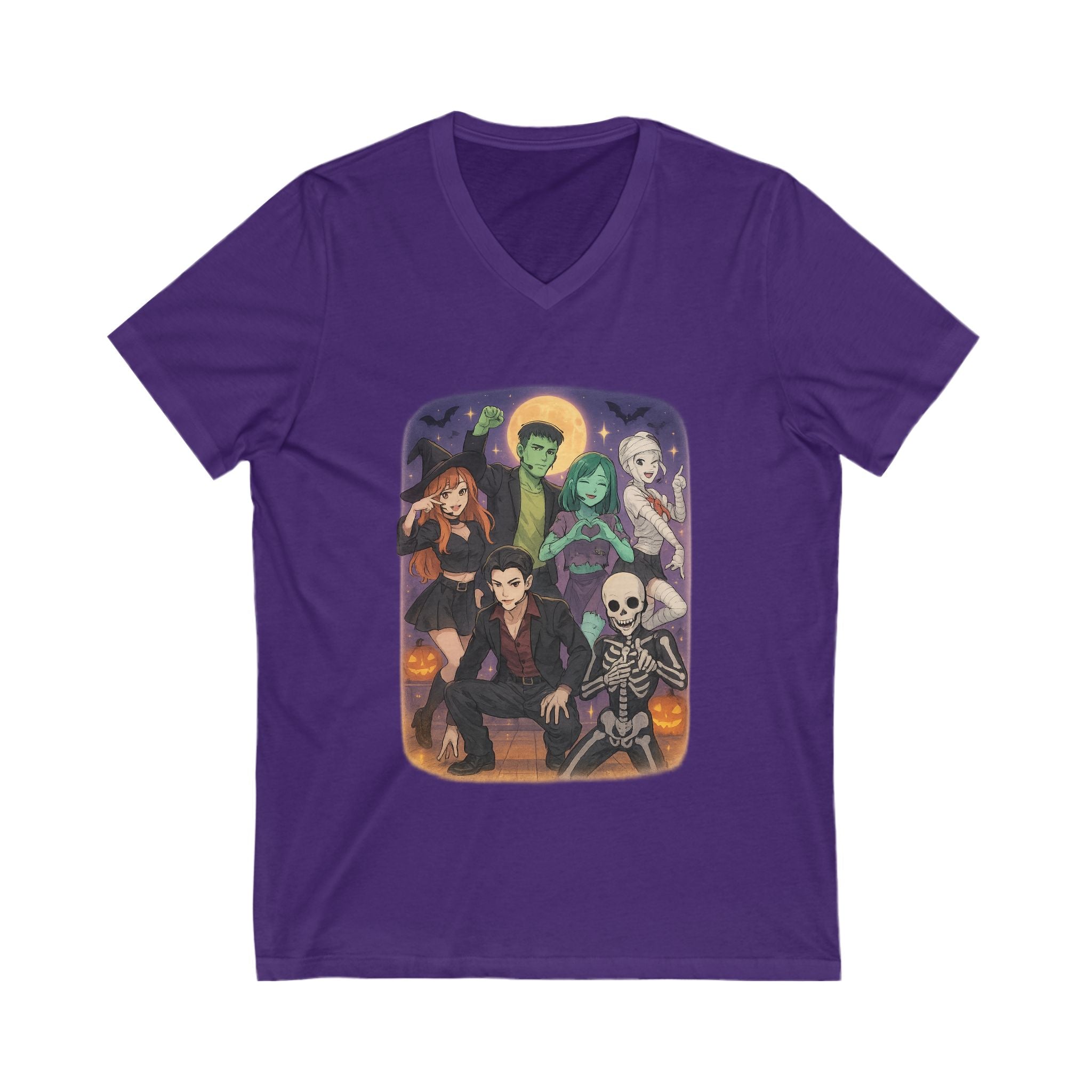 K Pop, Anime, Halloween-Themed Unisex V-Neck Tee | Spooky Season Shirt, Cute Halloween Top, Fall Fashion, Perfect for Parties, Trick-or-Treating, Demon