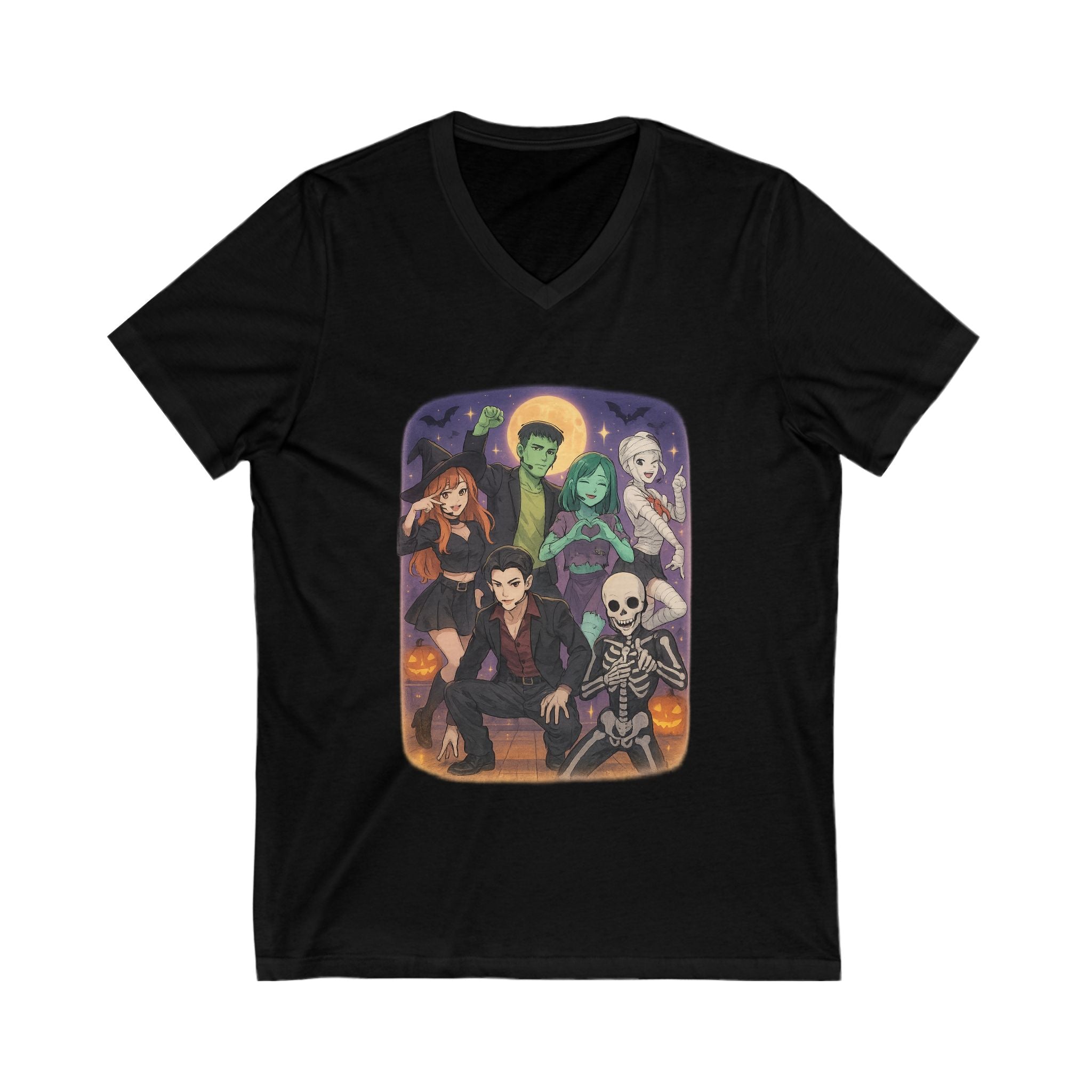 K Pop, Anime, Halloween-Themed Unisex V-Neck Tee | Spooky Season Shirt, Cute Halloween Top, Fall Fashion, Perfect for Parties, Trick-or-Treating, Demon