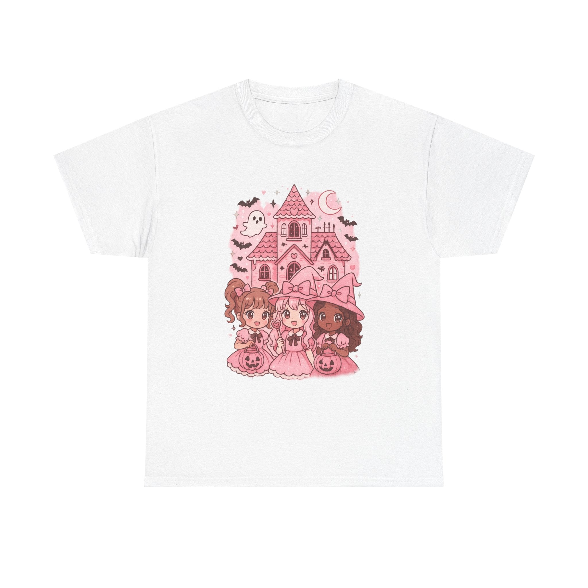 Anime Cartoon Cute Halloween Graphic Tee, Pink Haunted House Art, Unisex Cotton Shirt, Gift for Girls