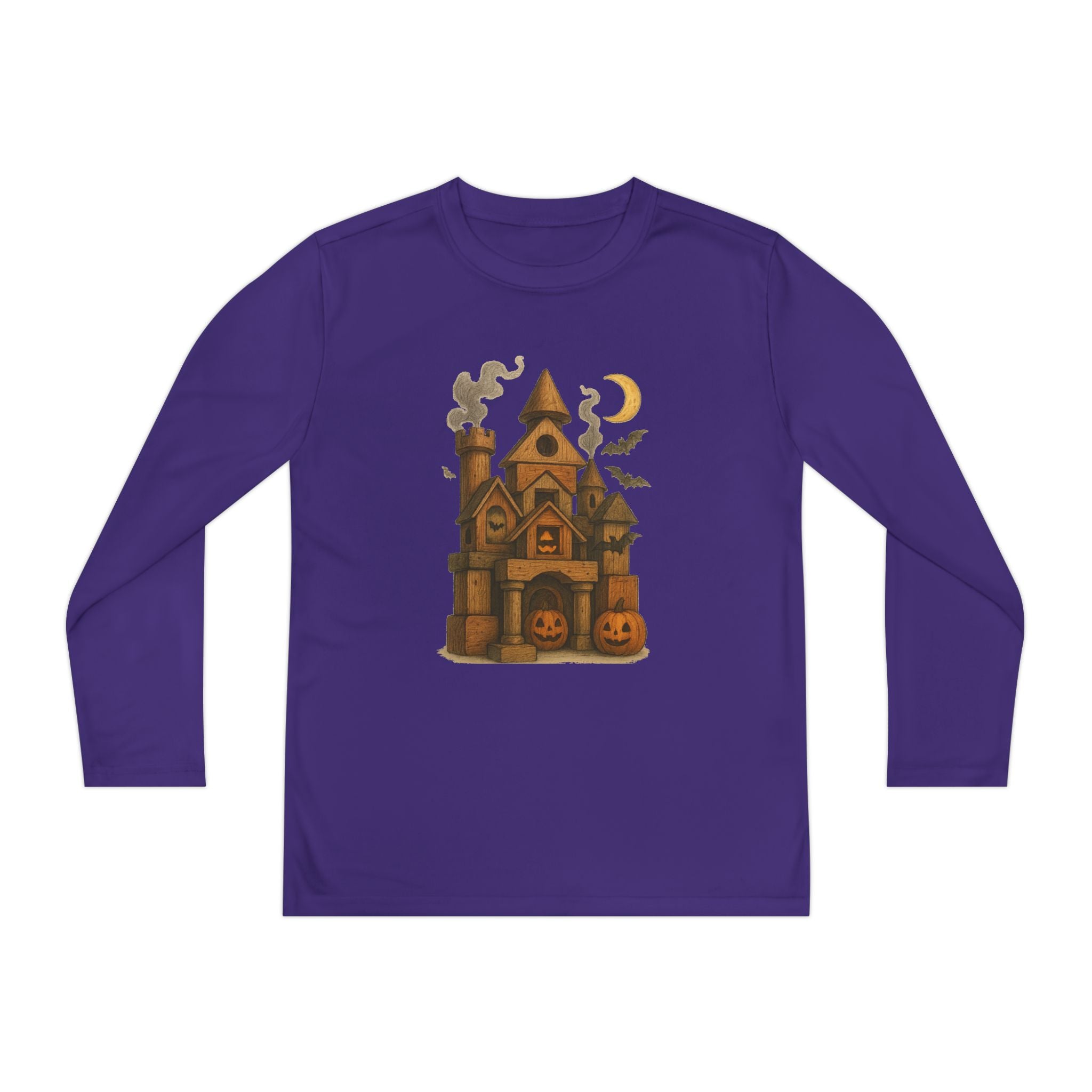 Youth Halloween Long Sleeve Tee Shirt, Spooky Wood Blocks Castle, Fall Apparel