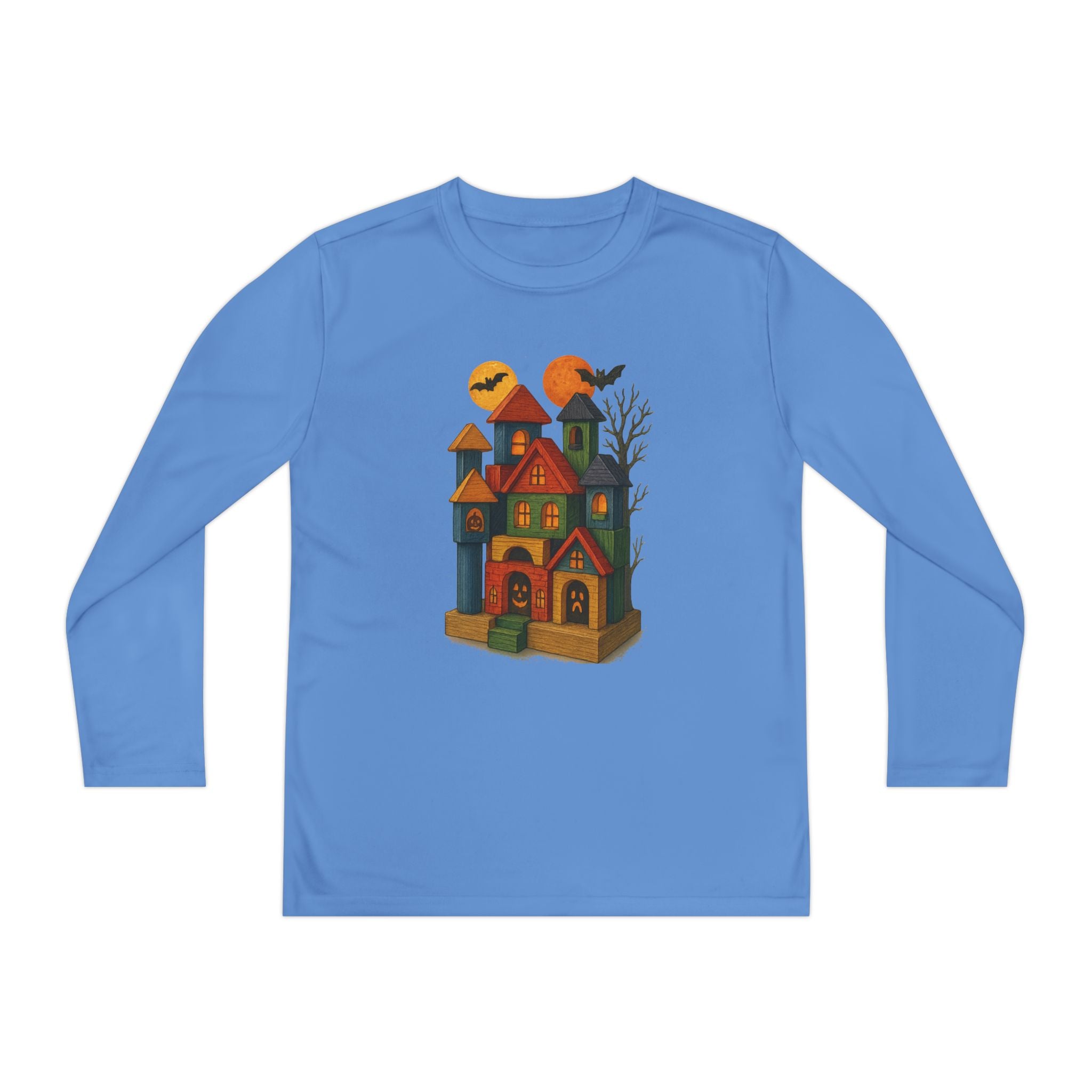 Spooky Wood Blocks Castle Long Sleeve Tee, Youth Shirt, Halloween, Fall Wardrobe Essential, Kids Graphic Tee