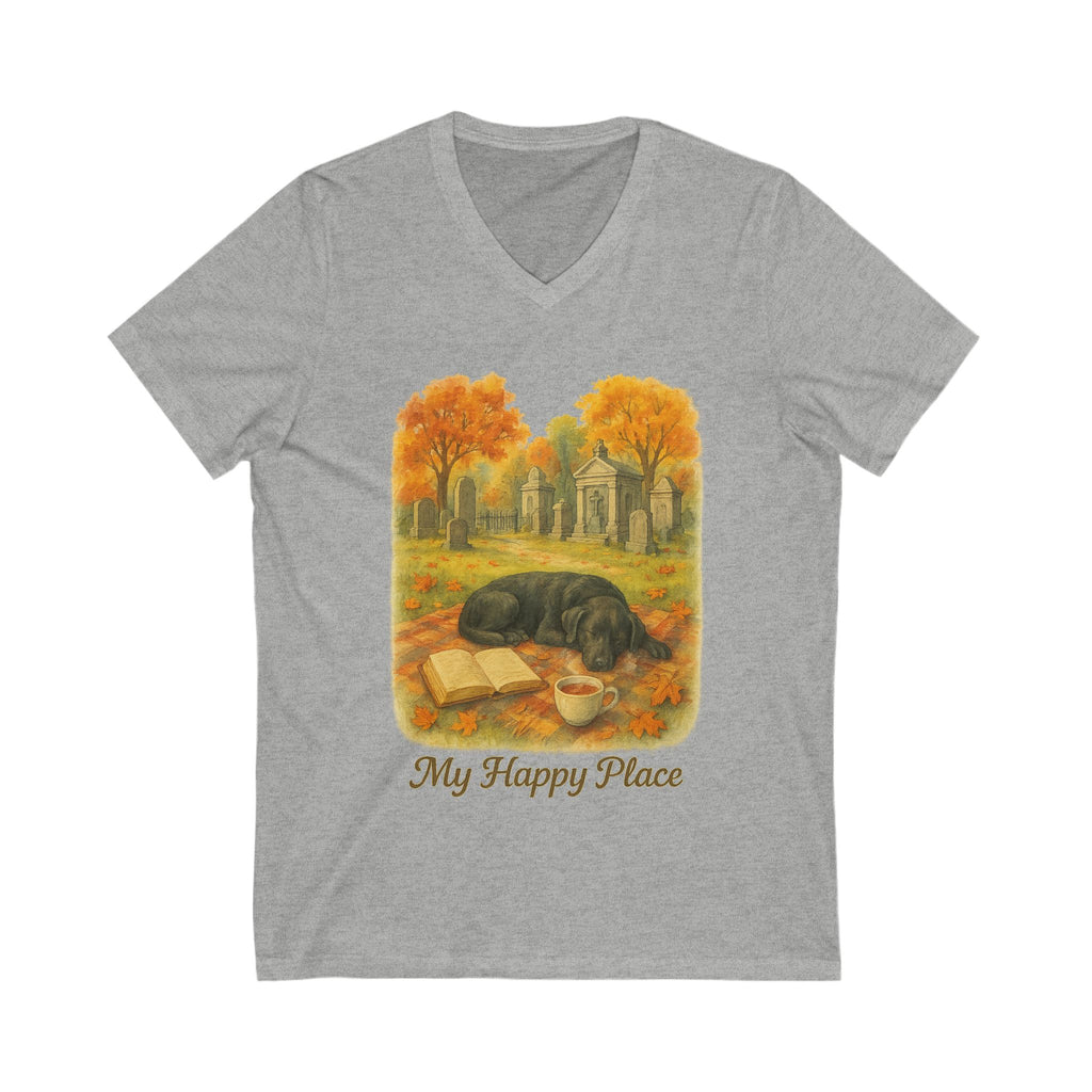 Cozy Dog Lover Tee, My Happy Place V-Neck Shirt, Autumn Vibes T-Shirt, Gift for Pet Owners, Relaxing Moments Top, Book Lovers