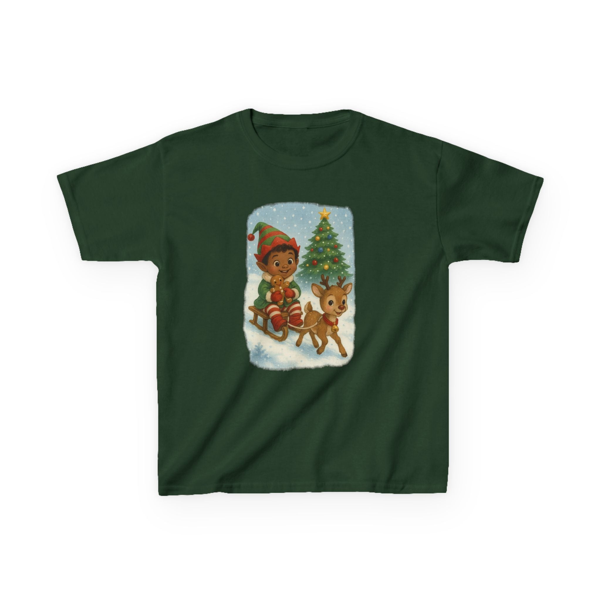 Kids Christmas Elf Sledding Reindeer Holiday T-Shirt