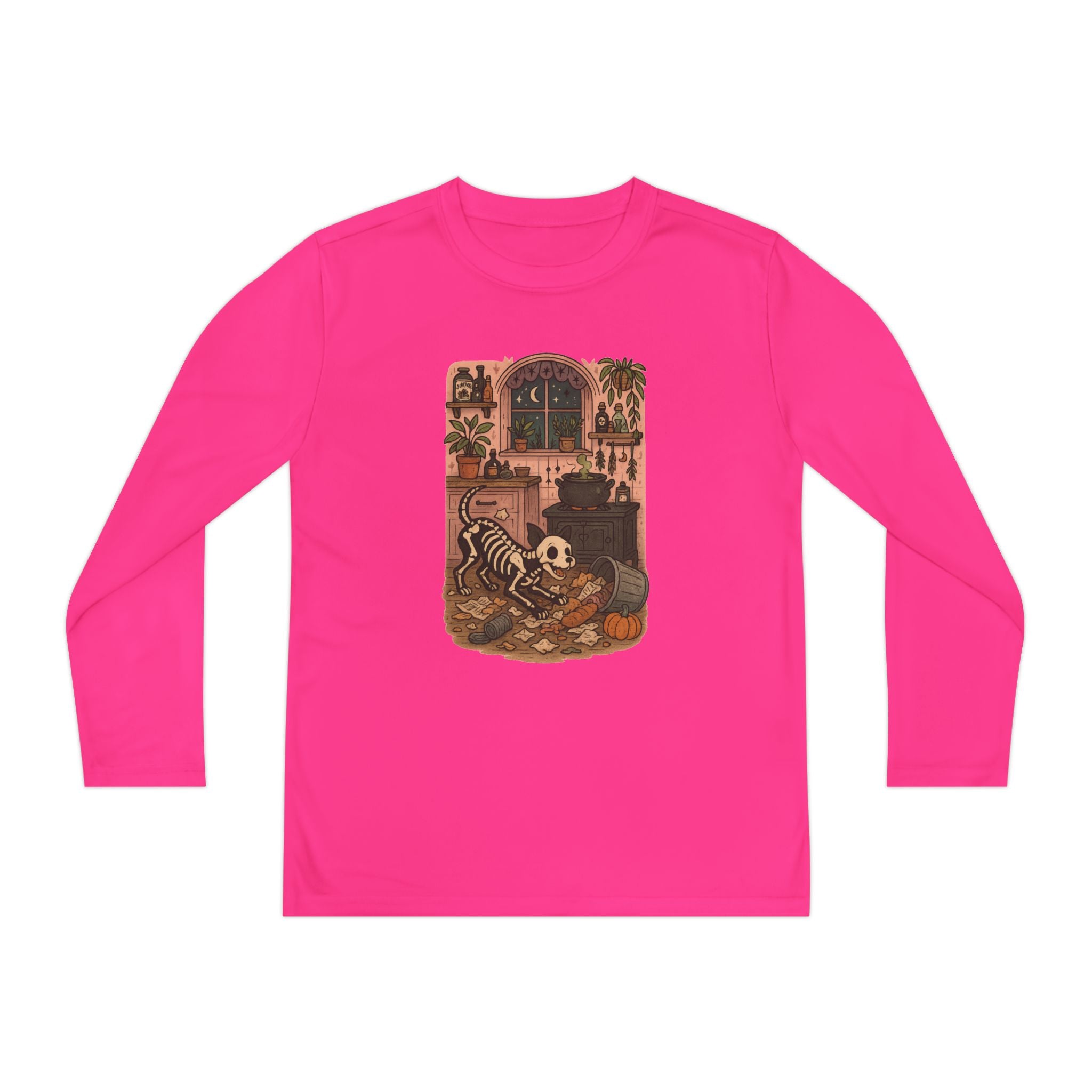 Spooky Skeleton Youth Long Sleeve Tee - Cute Halloween Shirt, Fall Fashion, Dog Lover, Kids' Paranormal Apparel
