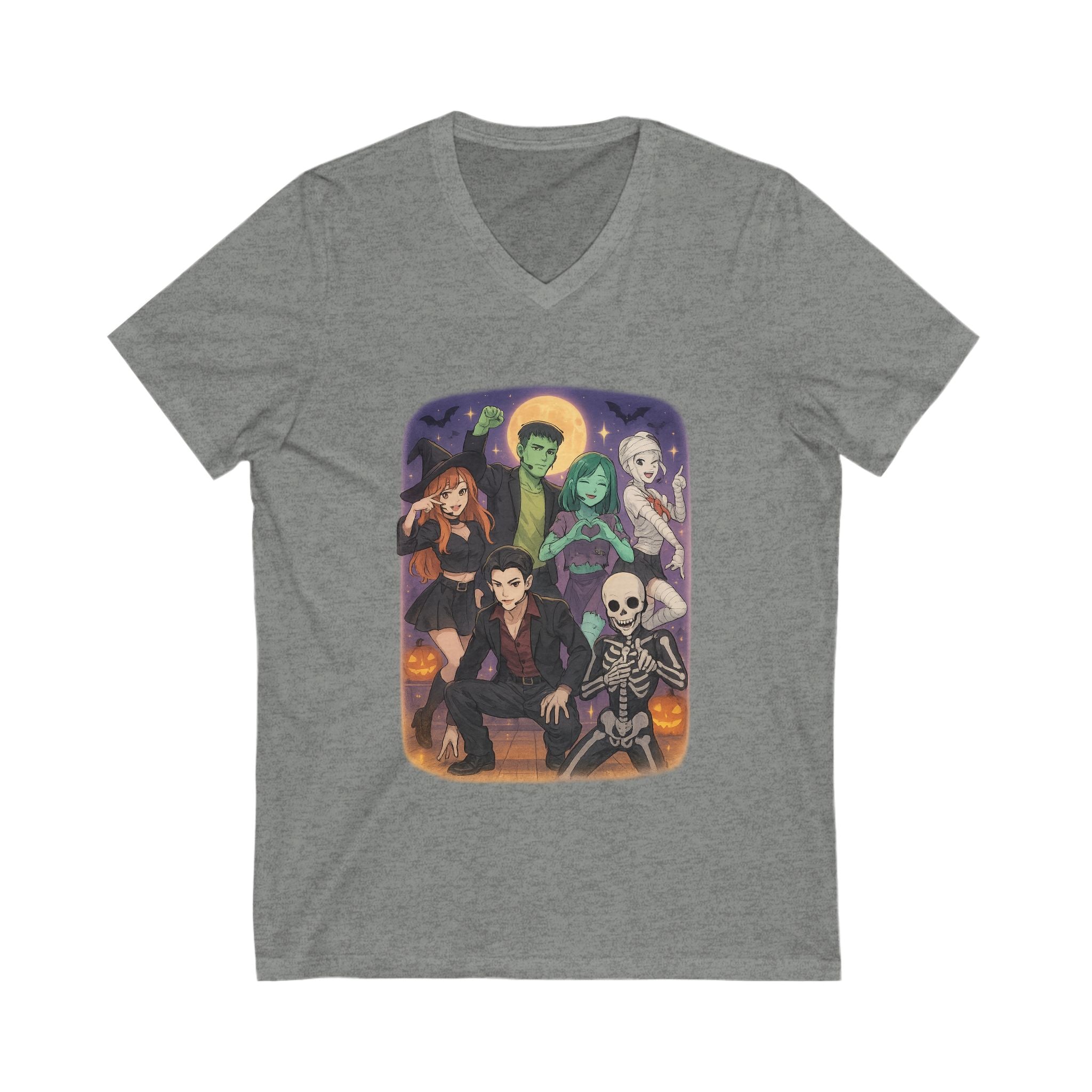 K Pop, Anime, Halloween-Themed Unisex V-Neck Tee | Spooky Season Shirt, Cute Halloween Top, Fall Fashion, Perfect for Parties, Trick-or-Treating, Demon