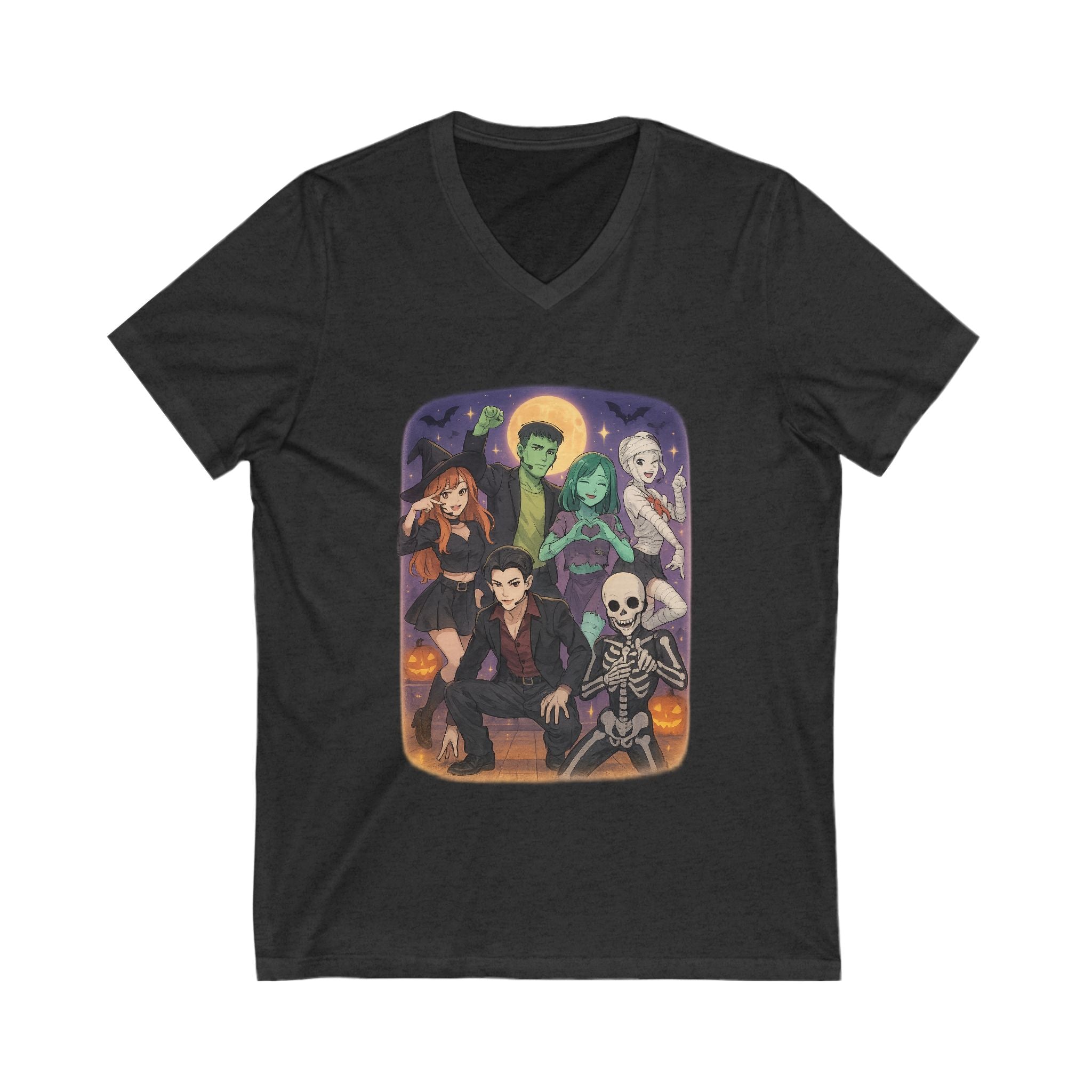 K Pop, Anime, Halloween-Themed Unisex V-Neck Tee | Spooky Season Shirt, Cute Halloween Top, Fall Fashion, Perfect for Parties, Trick-or-Treating, Demon