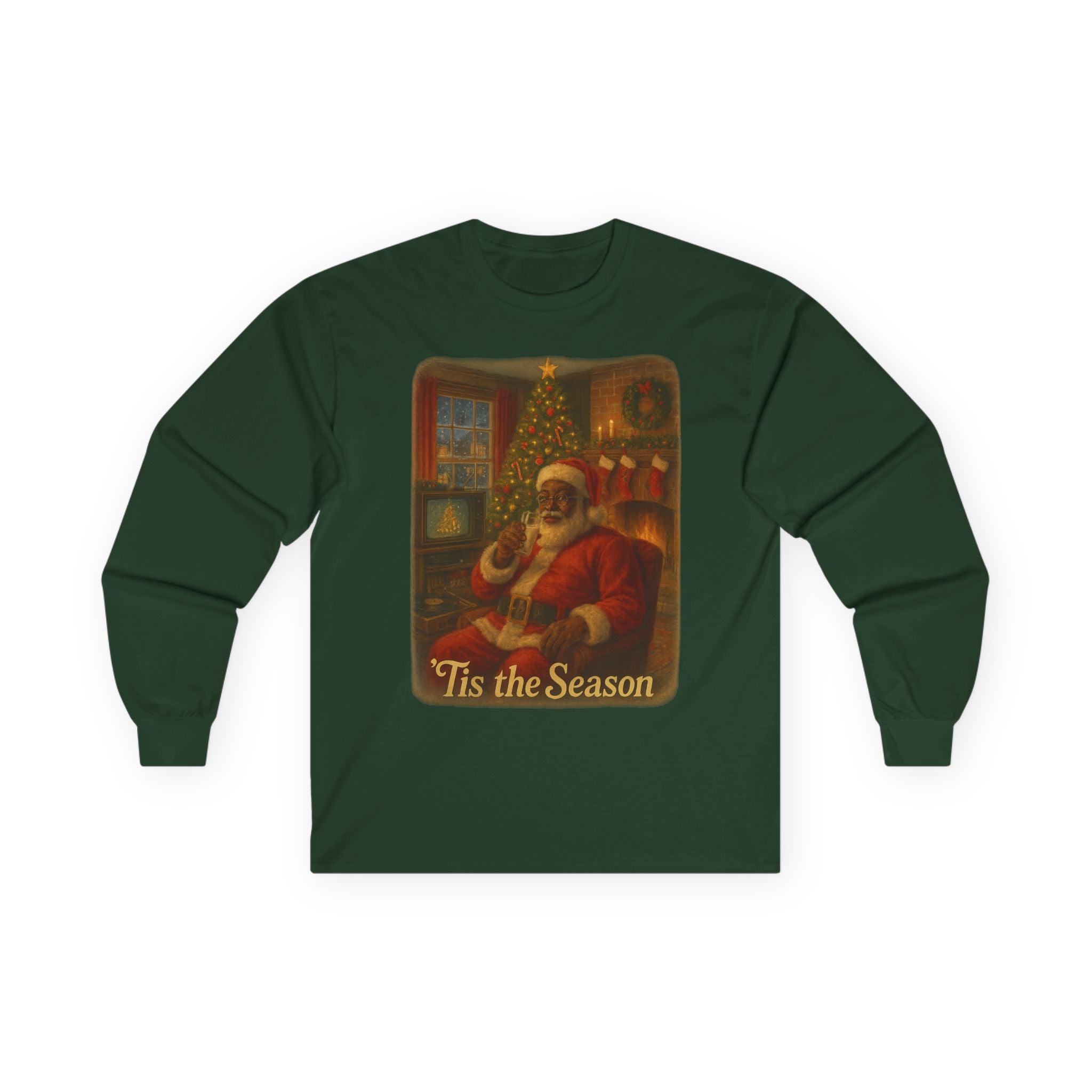Festive Black Santa Long Sleeve Tee - Nostalgic 'Tis the Season vintage Christmas Shirt