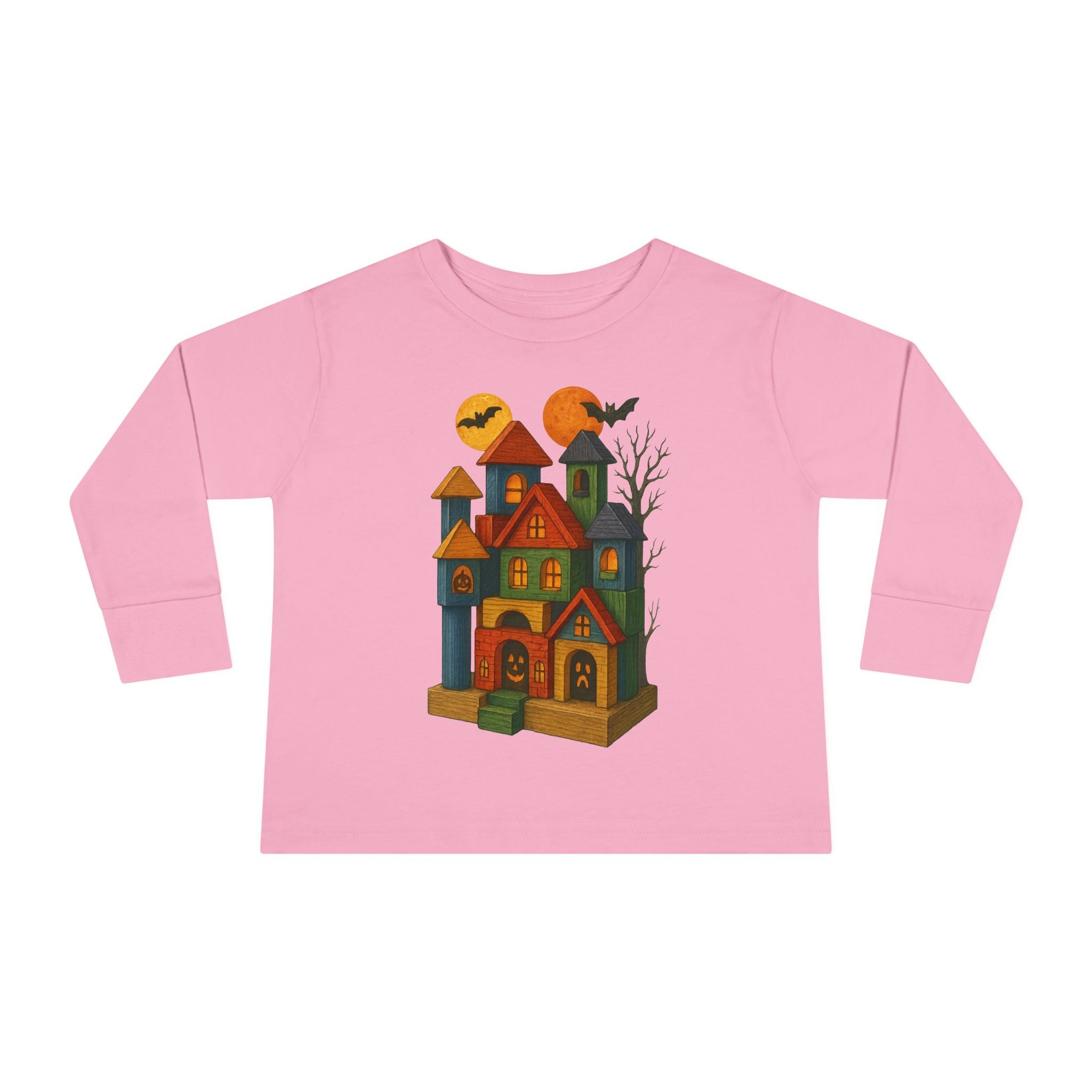 Halloween Toddler Long Sleeve Tee Shirt, Spooky Wood Blocks Castle, Gift for Kids