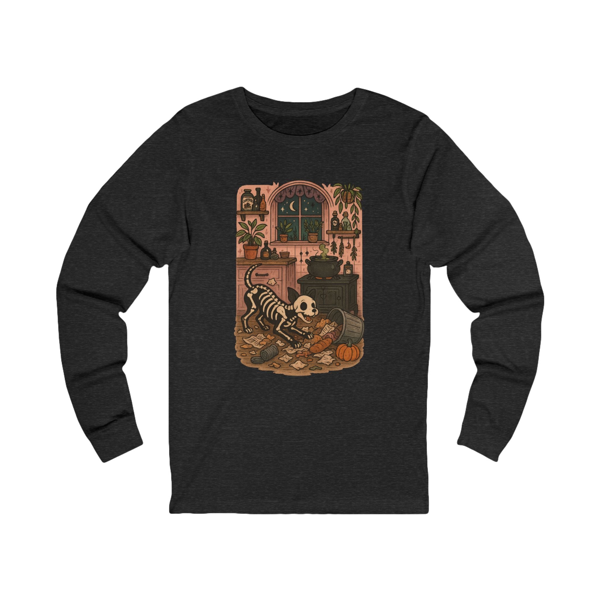 Cozy Halloween Skeleton Long Sleeve Tee, Fall Fashion, Unisex Shirt, Spooky Apparel, Dog Lover, Gift Idea