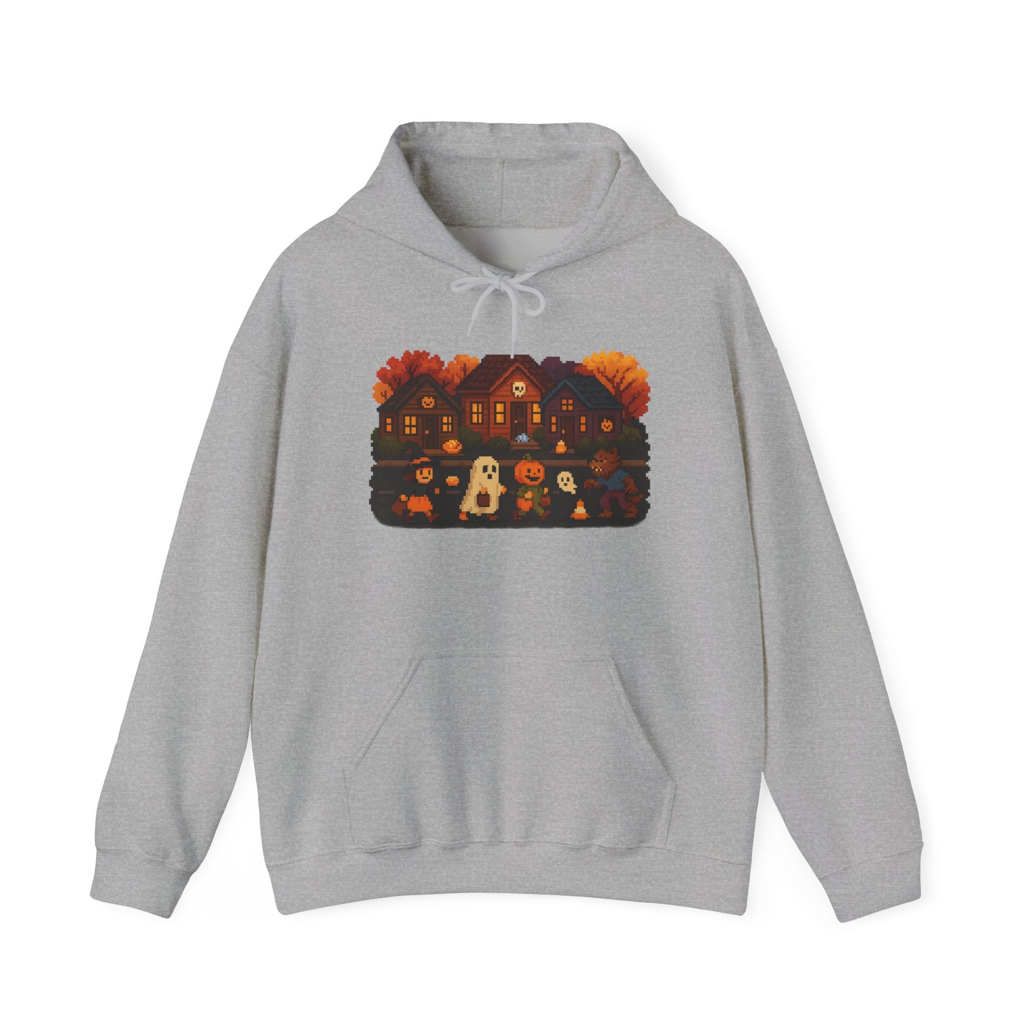 Cozy Halloween Sweatshirt | Hooded Sweatshirt with Spooky Design, Vintage Video Game Trick or Treat Fun
