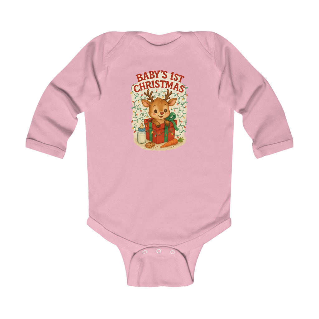 Baby's 1st Christmas Infant Bodysuit - Cute Reindeer Holiday Long Sleeve Onesie