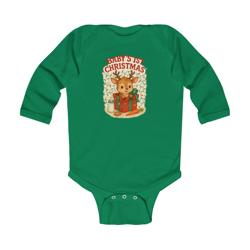 Baby's 1st Christmas Infant Bodysuit - Cute Reindeer Holiday Long Sleeve Onesie