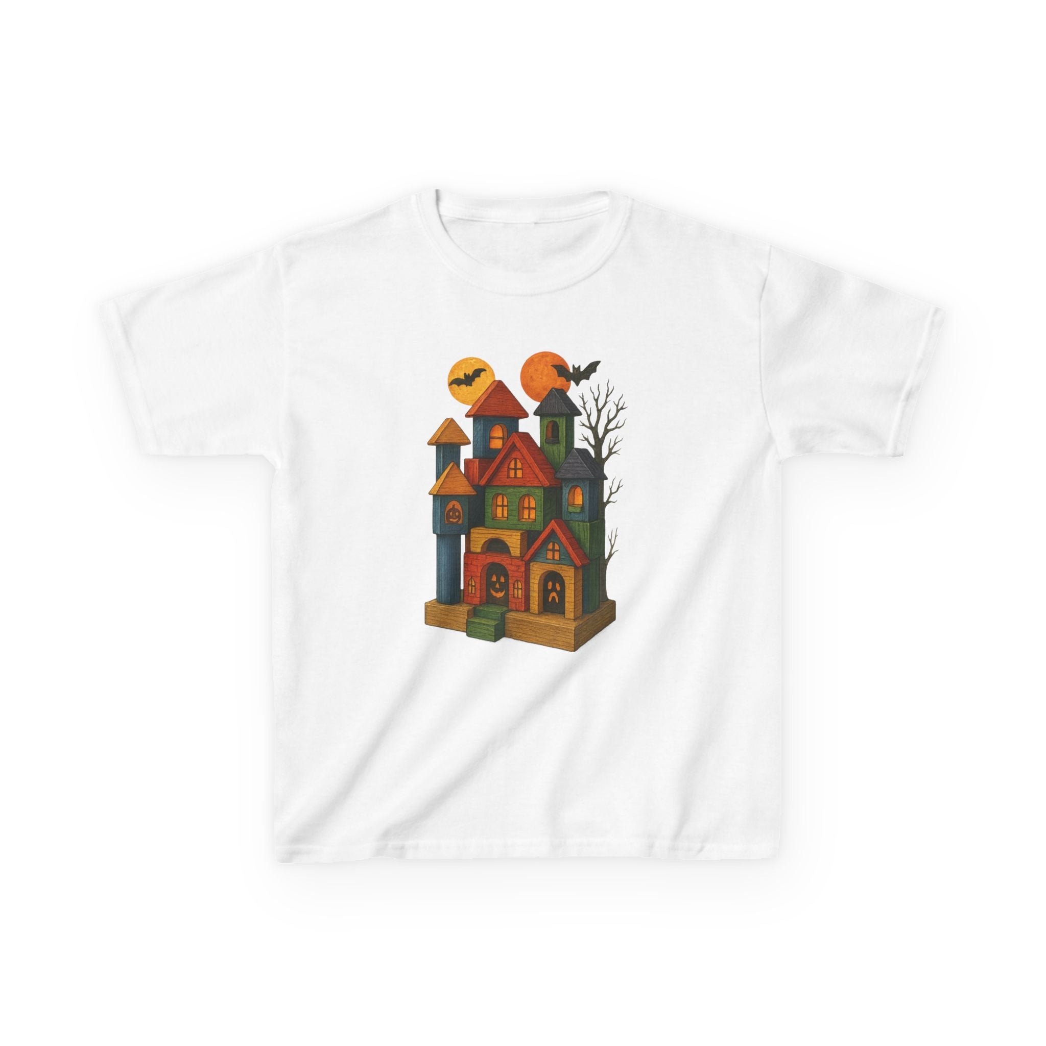 Halloween Wood Block Haunted House Kids Tee Shirt, Fall Festivities Apparel