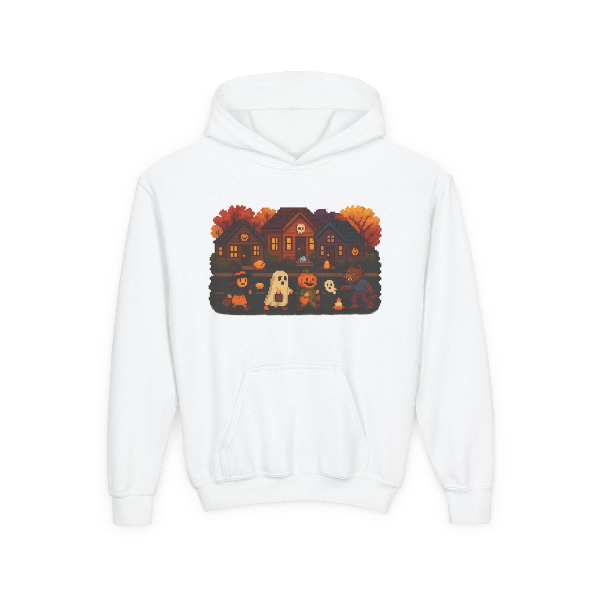 Cozy Halloween Youth Hoodie with Spooky Design, Vintage Video Game Trick or Treat Fun