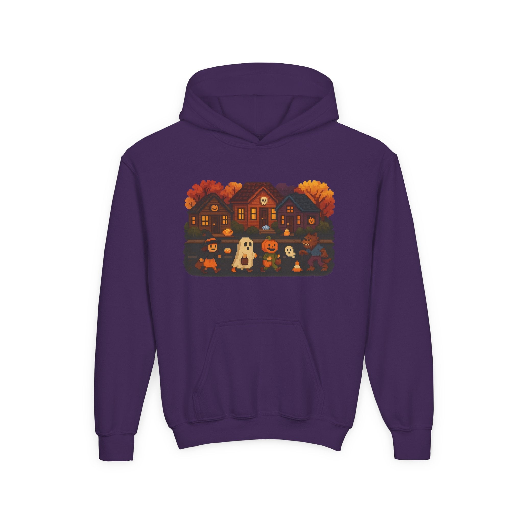 Cozy Halloween Youth Hoodie with Spooky Design, Vintage Video Game Trick or Treat Fun